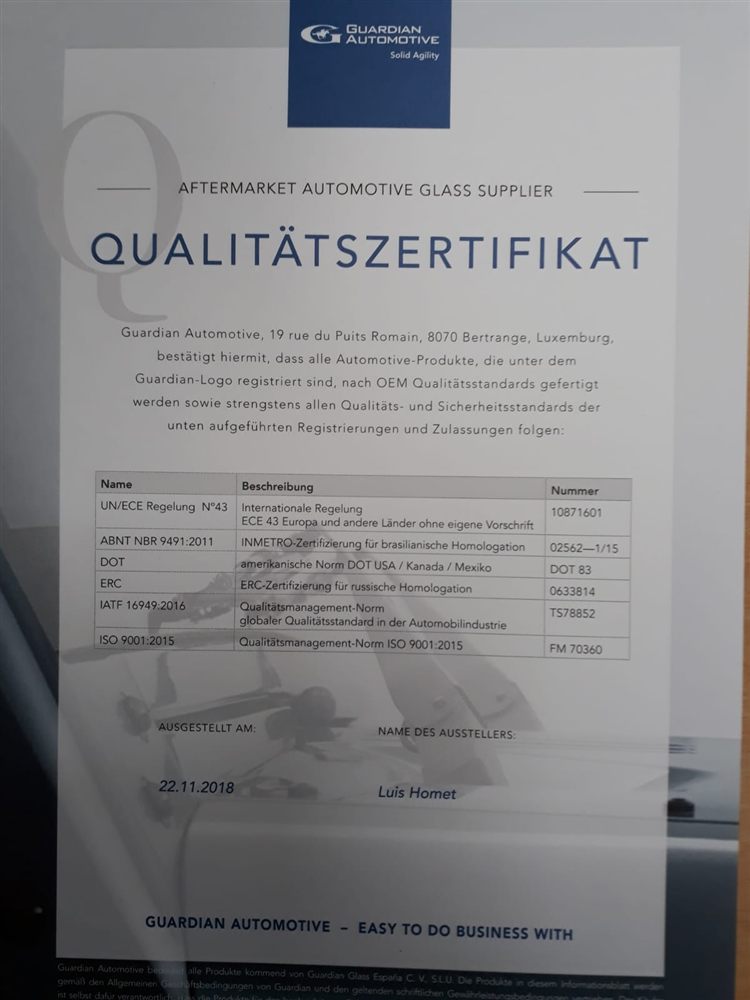 Zertifikat Guardian Markenglas