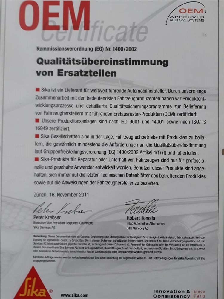 Zertifikat Sika Klebesysteme